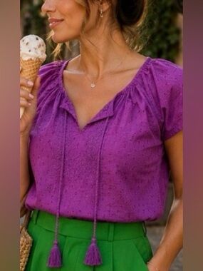 100% cotton Purple imbroidery short sleeve blouse M